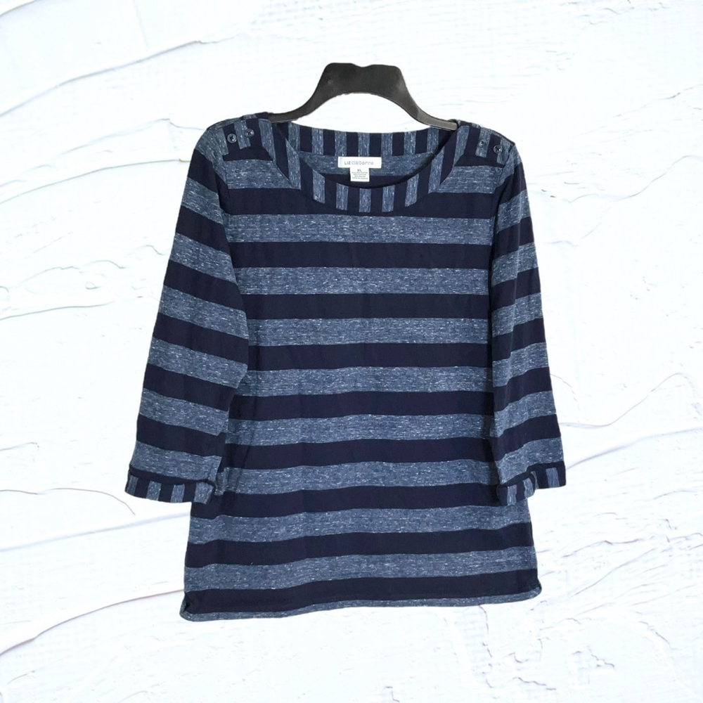 Liz Claiborne Navy & Denim Blue w White Marble Striped 3/4 Sleeve Shirt Women XL